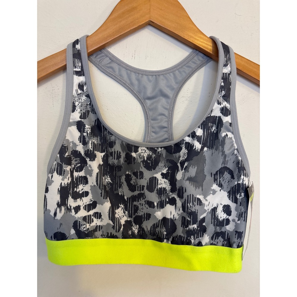 Old Navy Active Go-Dry Sports Bra Gray Leopard Print Neon Yellow Band XS